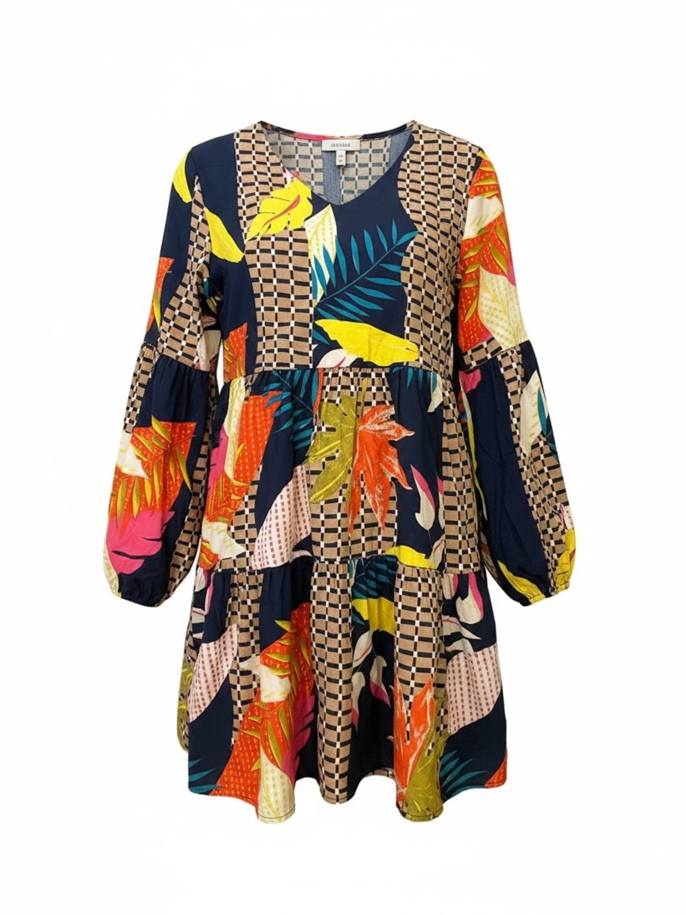 Floral Patchwork Tiered Dress in Navy and Brights. Balloon sleeves ladies small